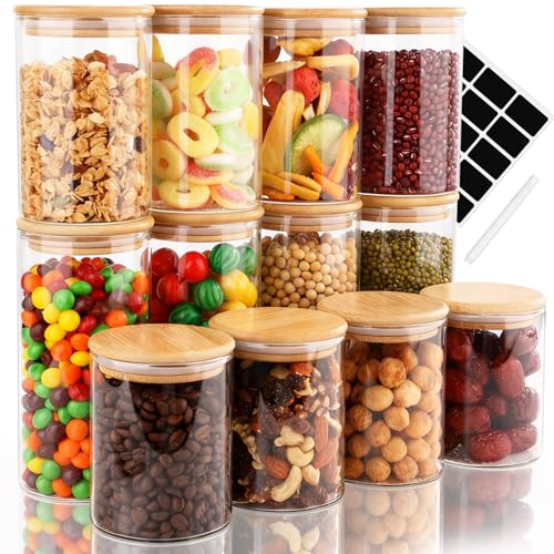 Otauoaea Vorratsgläser mit Deckel 12er Set [+ETIKETTEN] - 4x 400ml & 4x 500ml & 4x 700ml Vorratsdosen Glas - Vorratsglas mit Holzdeckel - Aufbewahrungsgläser Küche - Glasbehälter Vorratsbehälter