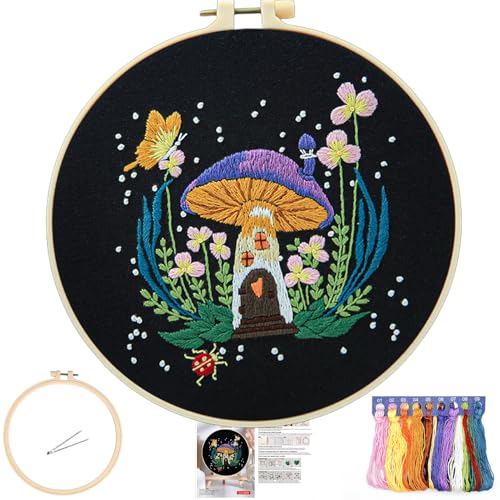 Image of FONNUY Crewel Embroidery Kit for Beginners, Pre-Stamped Pattern Kits for Adults with Hoop, Easy to Follow Color Thread Needlework, 8'' Hoop (Mushroom C)