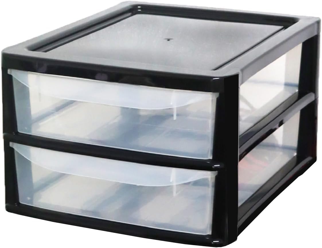 ALEEZ - A4 Plastic Slim Drawer Storage Unit - Multi Purpose Organiser Cabinet For Home Office Bedroom School Supplies Stationery Makeup Craft Storage Durable Design - (Black/Clear, A4 Slim 2 Drawers)