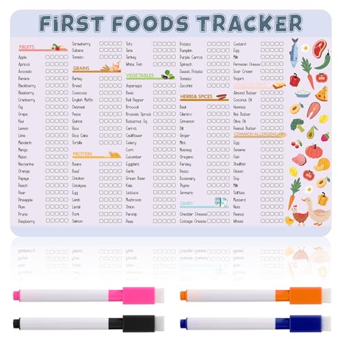 Image of Gosknor Baby First Food Tracker Fridge Magnet, 12x8.46in Baby Food Checklist Magnetic Meal Planner Chart Dry Erase Daily Feeding Log Menu Essentials Baby Led Weaning Supply for New Parents Babysitter