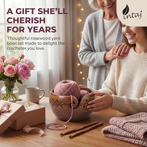 Image of Rosewood Yarn Bowl with 2 Crochet Hooks for Knitting Crochet