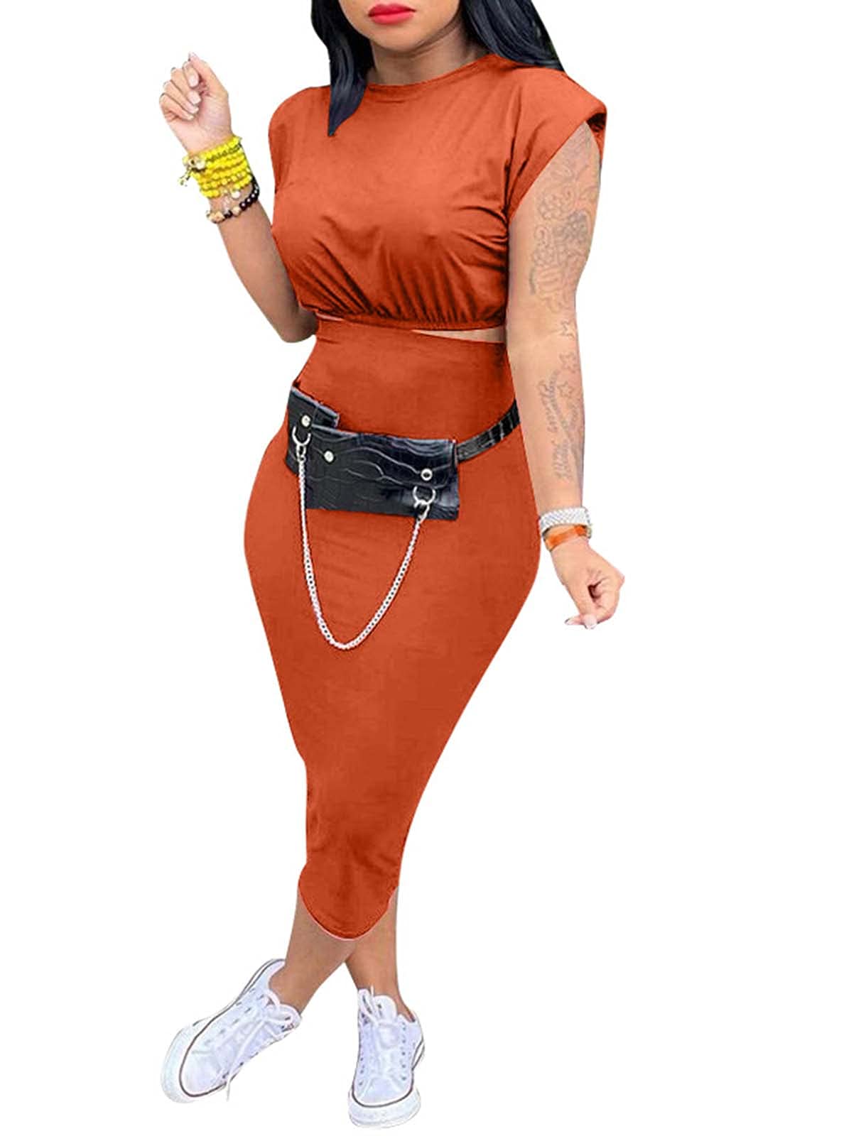 RemelonWomens Sexy Two Piece Outfits Cap Sleeve Crop Top Bodycon Pencil Maxi Skirt Set 2 Piece Dress