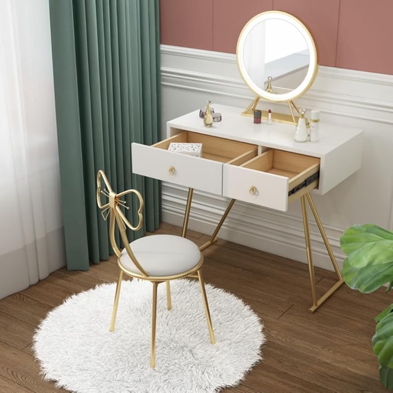 メイクアップチェア、化粧椅子、イス鏡台用、ドレッサーチェア ベルベット、創造的なリボンの形の装飾背もたれ椅子ゴールデンPUレザー、フ