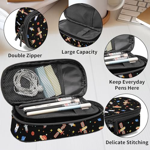 Image of Astronaut with Space Planets Pencil case for Student Girl Boy, Large Capacity Black Pencil Pouch with Zipper Compartments, Cosmetic Makeup Bag Organizer for School Supplies Office Home