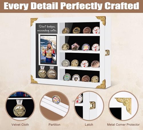 Image of Medal Display Case for Athletes, Lighted Shadow Box with Photo Frame , Wall Mount Display Holder with Removable Shelves for Medals, Challenge Coins, Memorial Gift for Achievement, Collectors, White