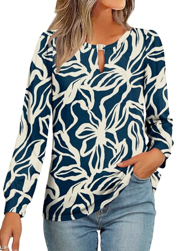 AKEWEI Women's Fall Blouse - Keyhole Puff Sleeve Top For Work & Casual Wear