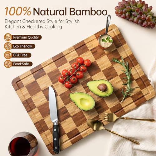 Image of Bamboo Cutting Boards for Kitchen, End Grain Wood Cutting Board with Juice Grooves & Handles, Charcuterie Checkered Chopping Board Thick Butcher Block Serving Tray with Gift Box, 16.5 inchx11.6 inchx 1 inch