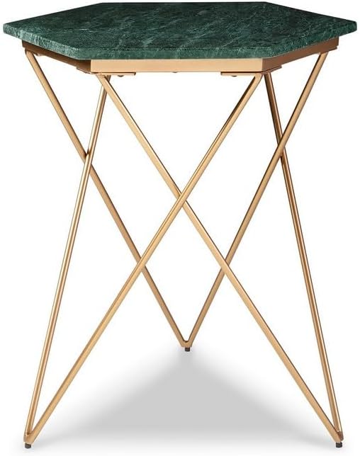 Benjara 24 Inch Accent End Table, Hexagon Marble Top, Metal Base, Green and Gold