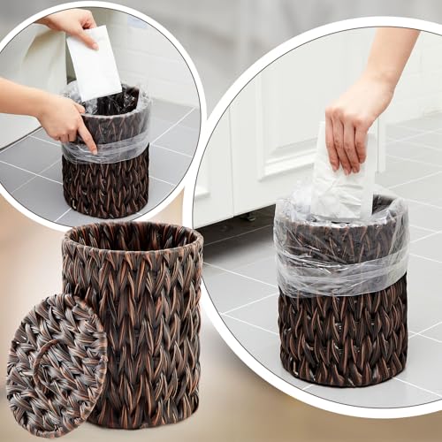 Image of Ctosree 1.3 Gallons Small Trash Can with Lid Handle Boho Woven Braided Bathroom Waste Basket Trash Can with 100 Garbage Bags for Bedroom Office Laundry(Braided Polypropylene, Dark Brown)