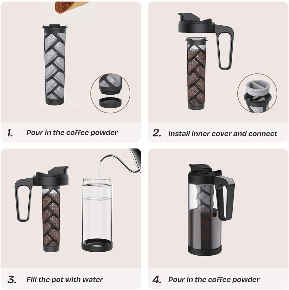 wedrink 44oz Cold Brew Coffee Maker, 1.3L Borosilicate Glass Cold Brew Pitcher with Comfortable Handle, Removable Filter & Anti-Slip Silicone Bottom