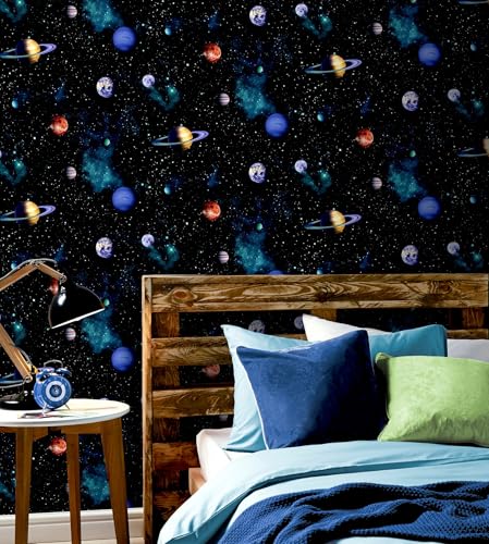 Arthouse Kids Cosmos Space Planets Charcoal Gray Wallpaper - Twinkling Stars on a Midnight Background with Green Accents - Amazing 3D Effect - Ideal for Teenager Bedroom - 668100