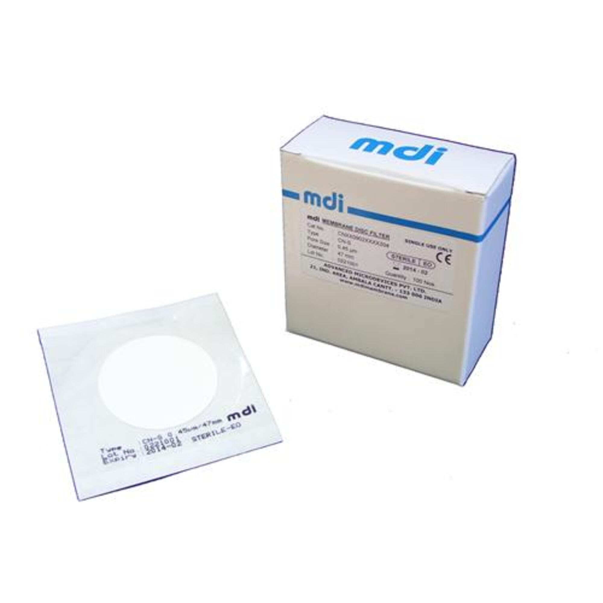 MDI CNXX0902XXXX204 Cellulose Nitrate Membrane Disc Filter, 47mm Diameter, 0.45µm Pore Size, EO-Sterile, Pack of 100