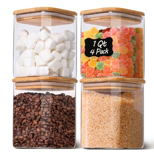 KTMAMA 1Qt Airtight Glass Canisters with Bamboo Lid, Square Pantry
