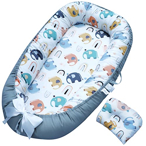 Image of Go2bedroom Baby Lounger Cover Baby Nest Cover for Newborn Baby Co Sleeping Sleeper Breathable Baby Bed Cover for Traveling Infant Portable Crib Bassinet Thicken Ultra Soft Baby Nest (AA-Elephants)