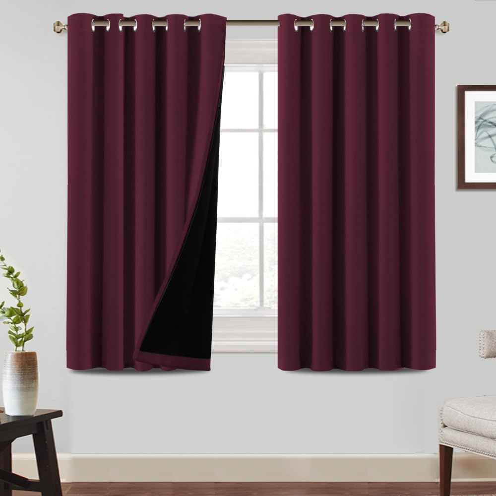BellaHills 100% Blackout Curtains Eyelet Thermal Insulated Curtains for Living Room Heat and Full Light Blocking Window Treatments with Black Liner 2 Panels, 66 x 54 Inch, Burgundy