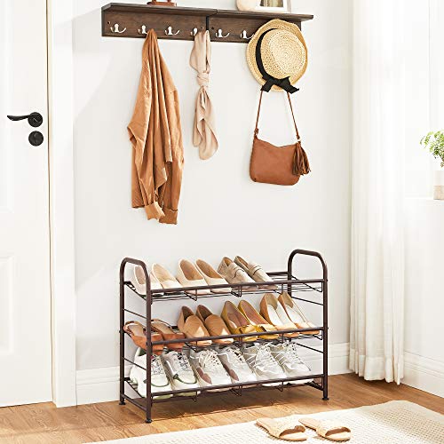 Image of SONGMICS Shoe Rack, 3 Tier Shoe Organizer for Closet, Holds up to 12 Pairs of Shoes, Shoe Rack for Front Door Entrance, Metal Shoe Shelf with Adjustable Tilt Angle, for Entryway, Garage, Bronze