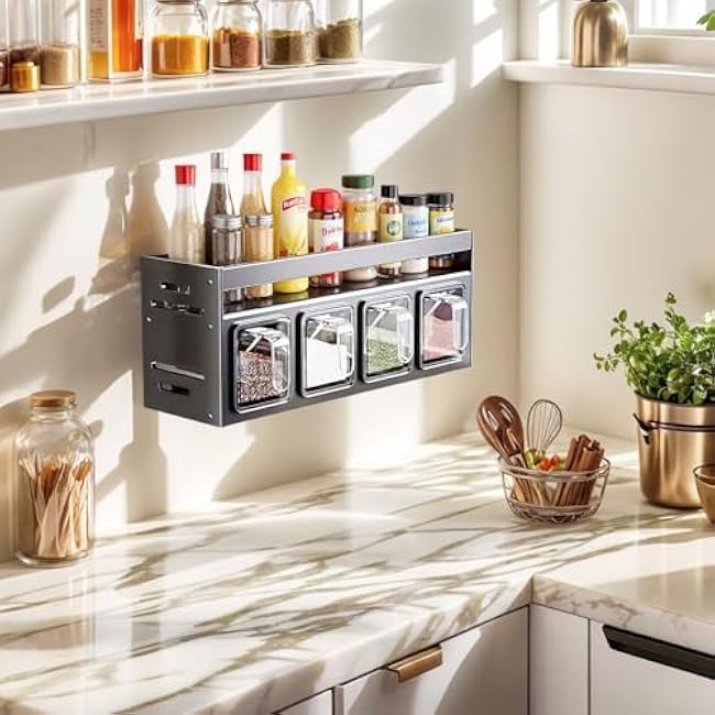 Spice Rack Wall Mounted, Kitchen Organizer for Countertop, Seasonimg Organizer for Cabinet, Space-Saving Organization Lightweight, 2 Tier with 4 Jars for Kitchen, Cabinet, Countertop, Pantry