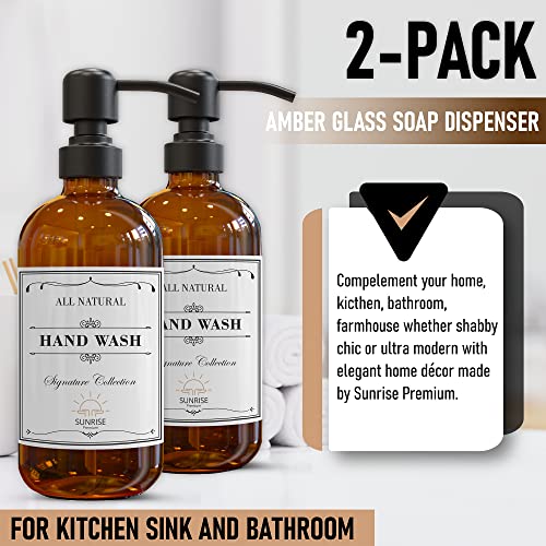 Image of Sunrise Premium 2 Pack Amber Glass Soap Dispenser 16 OZ with Matte Black Stainless Steel Pump, Hand and Dish Soap Dispenser Set for Bathroom and Kitchen Sink with 6 Waterproof Labels