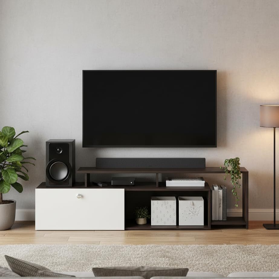 Image of FURNEASER Dexon Modern Engineered Wood Floor TV Cabinet with Storage | TV Entertainment Unit with Cabinet & Open Shelves | Media TV Stand for 32 to 55 Inch TV (Wenge & White)