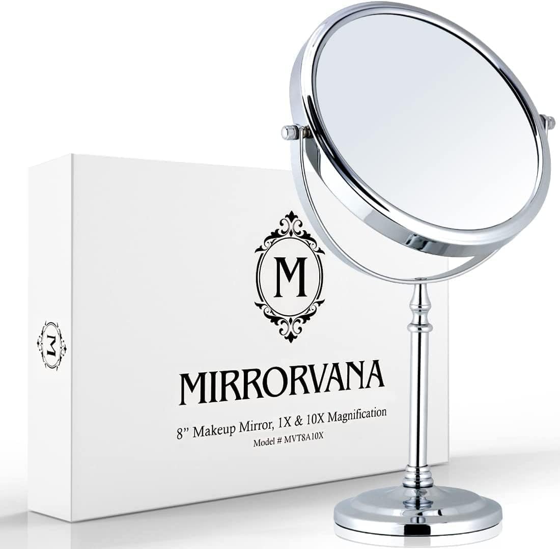 Mirrorvana Specchio da tavolo ingranditore 10X e 1X - specchietto telescopico da bagno per trucco e make up, specchio da appoggio 20 cm (cromato)