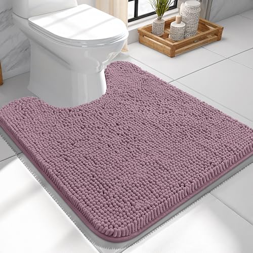Image of OLANLY Toilet Rugs U-Shaped 24x24, Extra Soft Absorbent Chenille Contour Bathroom Rugs for Toilet, Dry Quickly, Machine Washable, Non-Slip Bath Mat, Deep Plum