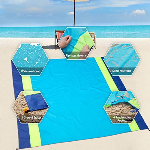 Image of Beach Blanket, Beach Mat Outdoor Picnic Blanket Compact for 4-7 Persons Water Proof and Quick Drying Beach Mat Mady by Premium Nylon Pocket Picnic Sheet for Outdoor Travel ( 78 inch X 81 inch)