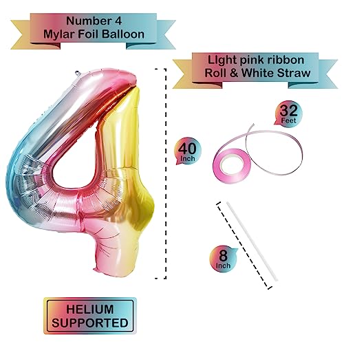 Image of 40 Inch Giant Rainbow Number 4 Balloons, Birthday Balloons, Helium Mylar Foil Big Number Balloons for Birthday Party Decorations, Kids' Birthday Anniversary Party Baby Shower Unicorn Parties