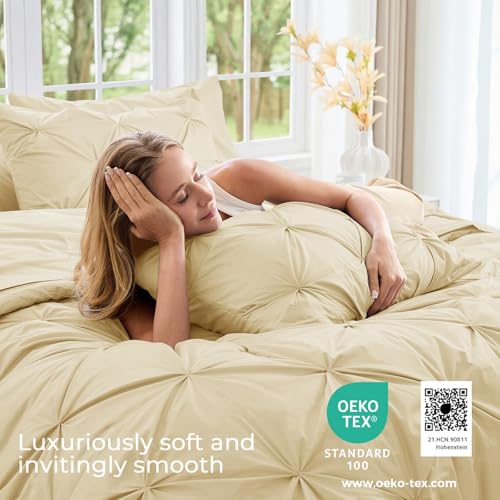 Image of Sasttie King Size Comforter Set, 7-Piece Bed in a Bag, Pintuck Bedding Set for All Season, Includes Comforter, Flat Sheet, Fitted Sheet, Pillowcases and Pillowshams, Pale Yellow