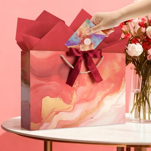Image of JMANNI Gift Bags, Mothers Day Gift Bags with Ribbon, Portable Paper Gift Bag, Marble Pattern, for Any Occasion, Including Valentines Day Baby Shower Birthday Party Wedding Mothers Day(LP11-DLS04-L