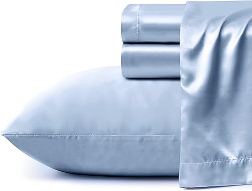 Miniatura 3 de VACVELT Juego de sábanas de satén de bolsillo extra profundo de 4 piezas tamaño matrimonial juego de sábanas de satén azul bebé para colchón de