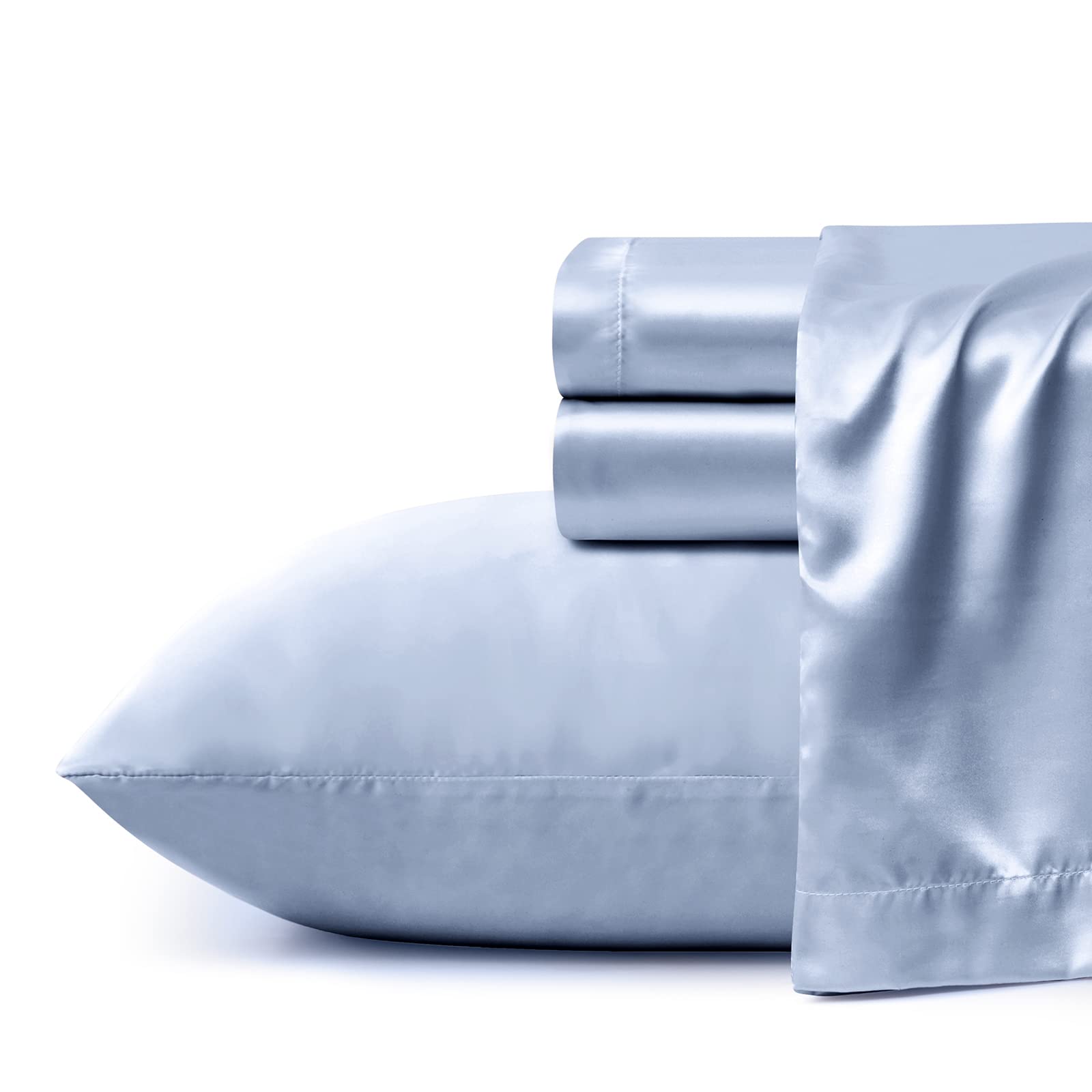 4pcs Extra Deep Pocket Satin Sheets Queen Size Bed Set, Baby Blue Satin