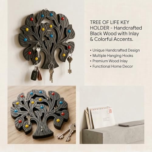 Image of Wooden Tree of Life Wall Key Holder with Colourful Beads, Decorative Hook Organiser