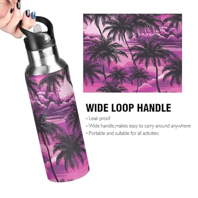 Colorful Hawaii Palms 35 oz Insulated Water Bottle with Straw, Metal Water Bottle, Stainless Steel Sports & Travel Water Bottles Reusable, Leak Proof Thermal Flask, Wide Mouth, BPA Free