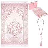 YYTECH Gebetsteppich mit Gebetsperlen, Muslimischer Weich Gebetsteppich Prayer Mat für Frauen & Männer, Lslamische Gebetsmatte-Set Geschenke für Ramadan Eid Bayram(Rosa)