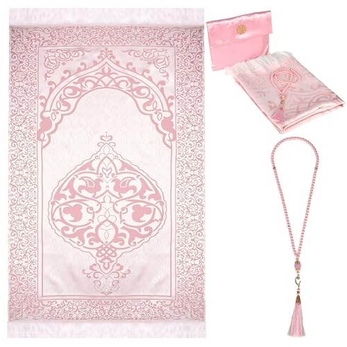 YYTECH Gebetsteppich mit Gebetsperlen, Muslimischer Weich Gebetsteppich Prayer Mat für Frauen & Männer, Lslamische Gebetsmatte-Set Geschenke für Ramadan Eid Bayram(Rosa) (Rot)