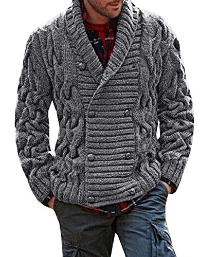 Hestenve Men's Knitted Long Sleeve Cardigan Shawl Collar Chunky Button Sweater