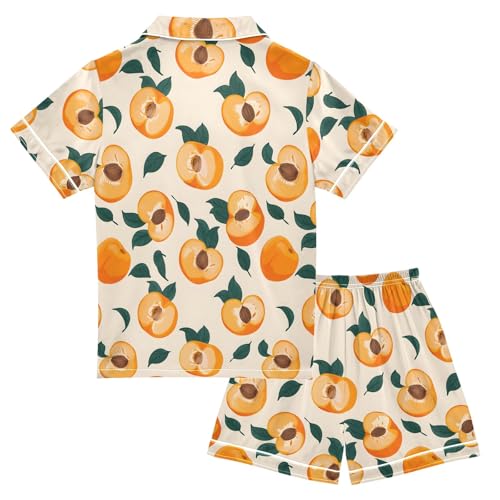 Peach with Leaves Pattern Summer Satin Pajama Set, Cute Button-Down Sleepwear Pj Set for Sleep Wears2
