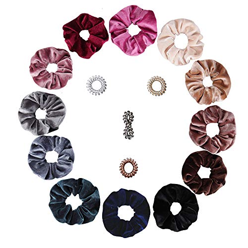 Velvet Scrunchies for Hair, Thipoten 12 Pcs Assorted Colors Elastic Velvet Scrunchies Bands and 4 Pcs Assorted Telephone Cord Power Traceless Hair Ring Coil for Women or Girls Hair Accessories