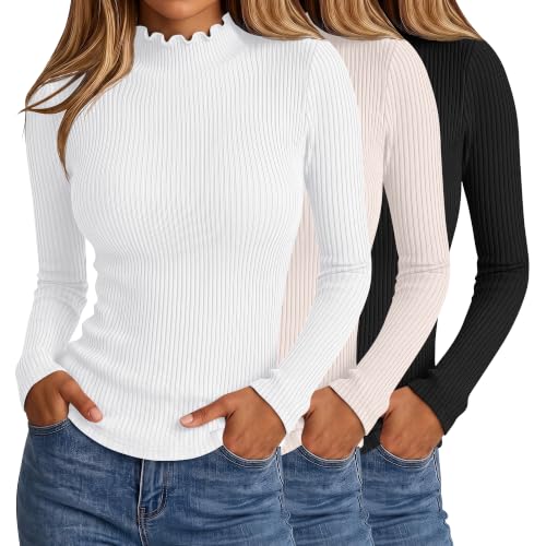 LOMON 3 Pack Women's Ribbed Mock Turtleneck Shirts Slim Fit Basic Tops