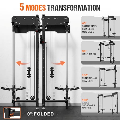 Image of WM3-V4 Folding Squat Rack, Wall Mounted Power Rack with Dual Independent Pulley System, Functional Trainer with 5 Adjustable Function Modes for Space Saving