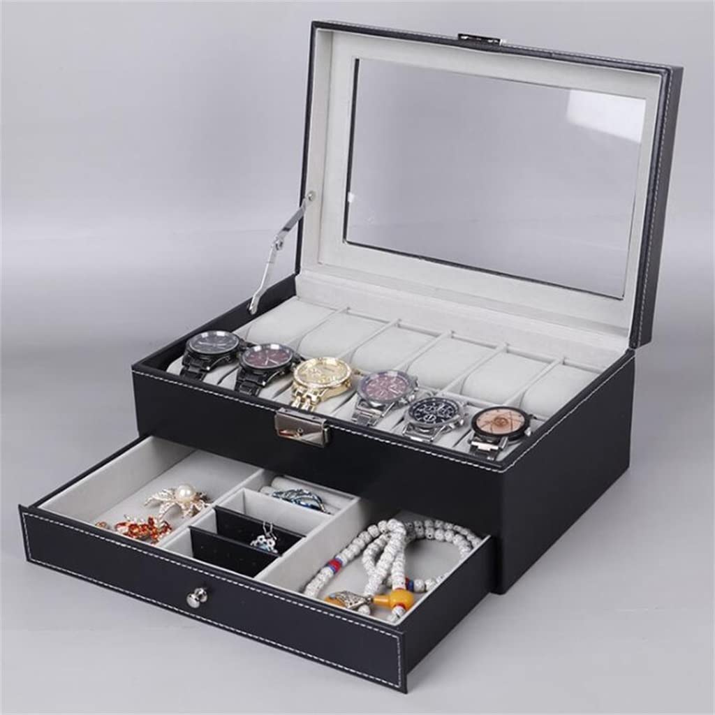 12 rejillas de cuero PU caja de reloj organizador de doble capa reloj joyería almacenamiento y caja de presentación con cerradura palabra (color rojo, tamaño: 30,2 x 20 x 13 cm)