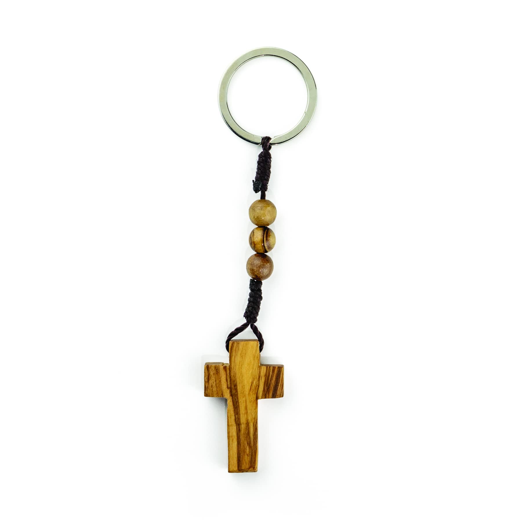 Olive Wood Keychain, Catholic & Christian Religious Gift for Men & Women, Rosary Beads & Cross, 1.5"