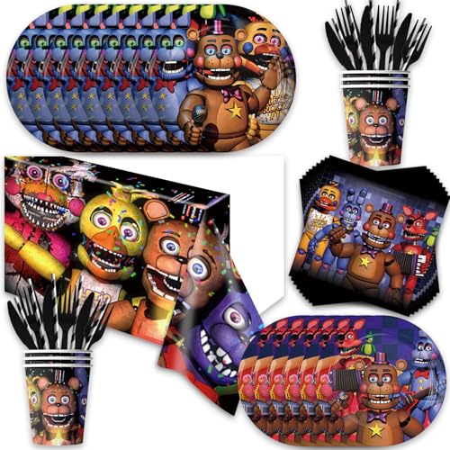 141Pack Five Nights birthday Party Supplies include 7''plates,9'' plates,Tablecloth,Forks,Kinfes,Spons,napkins,cups for the Five Nights party decoration