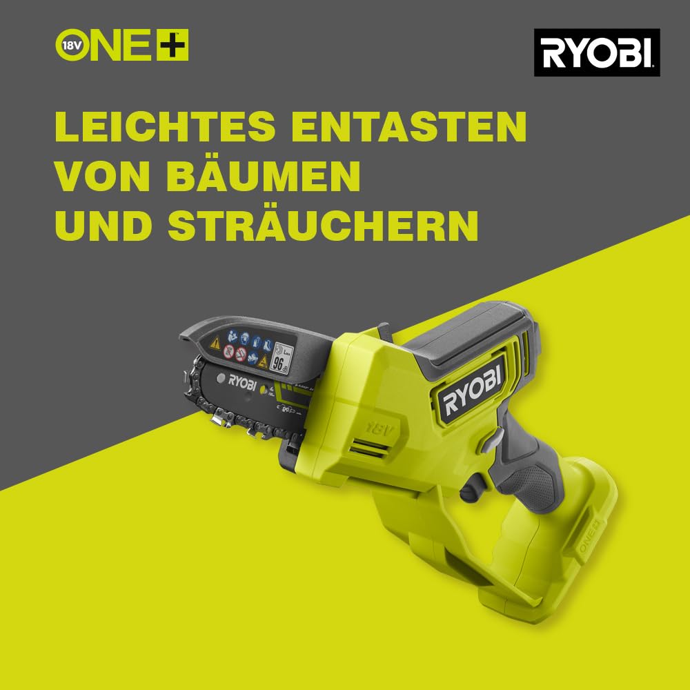 RYOBI 18 V ONE+ Brushless Akku-Astsäge RY18PSX10A-0, 10 cm Schwertlänge, 8 cm Schnittkapazität, Kettengeschwindigkeit bis 6,0 m/s -Variabel einstellbar, ohne Akku und Ladegerät
