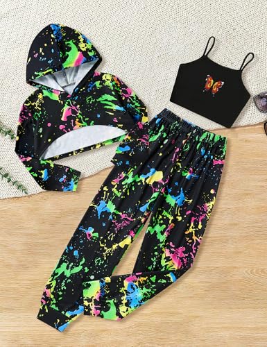 Image of Gaupafmb Girls Clothes 3PC Tie-dye with Butterfly Print Hoodie Sweatshirt Butterfly Print Cami Tops Sweatpants Girls