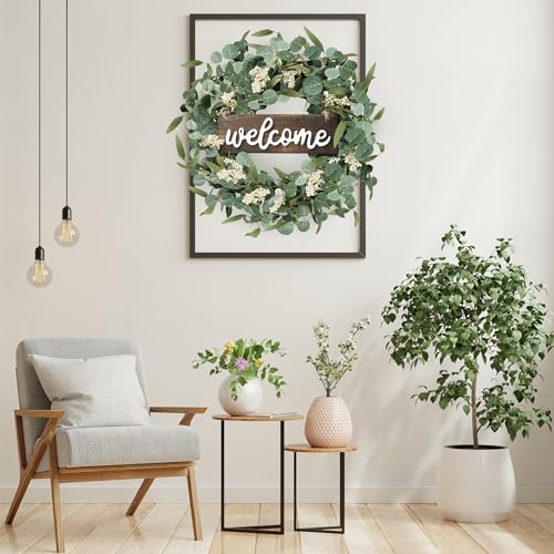 Sggvecsy Green Artificial Eucalyptus Wreath with Welcome Sign 20in Spring Summer Wreath with White Berries for Front Door Wall Window Festival Farmhouse Porch Patio Garden Decor - Image 5