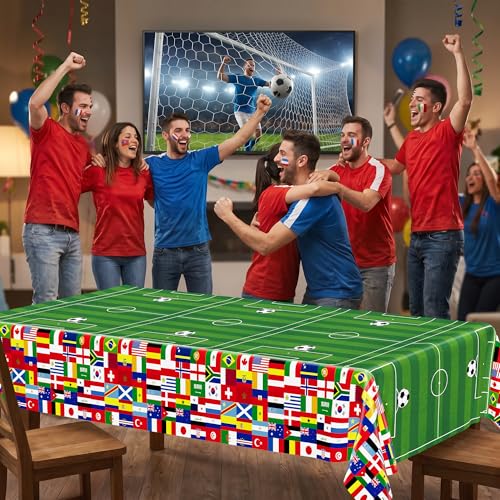 Image of 3 Pcs Soccer Tablecloths Plastic, Disposable Soccer Rectangle Table Cover 54 X 108 Inch, 2026 International World Flags Green Tableware Set Birthday Party Decorations for Sports Theme Party Supplies
