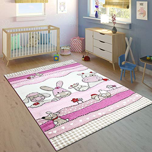 Paco Home Alfombra Habitación Infantil Contorneada Granja Fucsia Crem