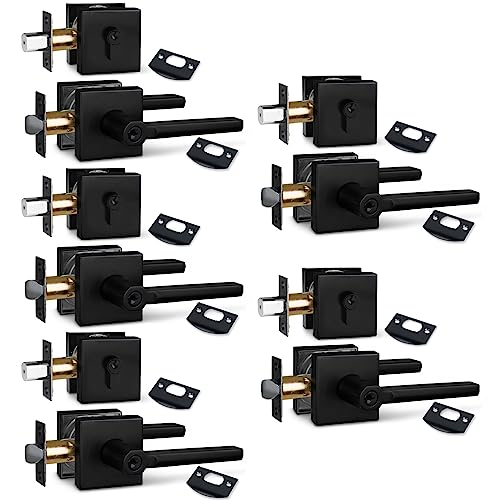 Image of NEWBANG (5Pack Square Heavy Duty Keyed Entry Combo with deadbolt and Lever Door Handle in Matte Black (for Entrance /Exterior /Front /Office Door) Left or Right Handed