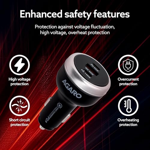 Image of AGARO Flash Car Charger, 230W, 3 Ports Fast Car Charger, Dual Type-C PD 140W + 45W, USB-A Post 45W, Supports Super-Fast Charging, for Smartphones, iPhones, Tablets, Earbuds & More - Black